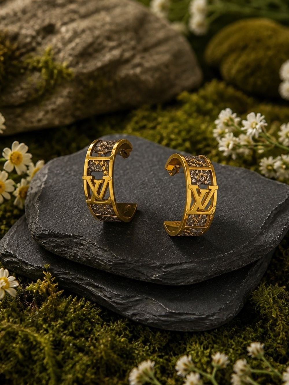 Gold Hoop Earrings with Monogram Accent